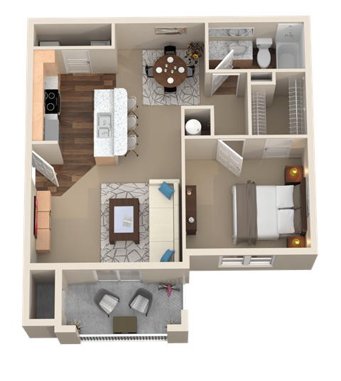 Floor plan for 1 bed, 1 bath, 749 sqft